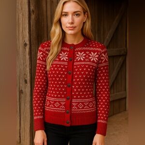 Nordic Fair Isle Hand Knit Wool Cardigan Red Small Women Child Scandanvian